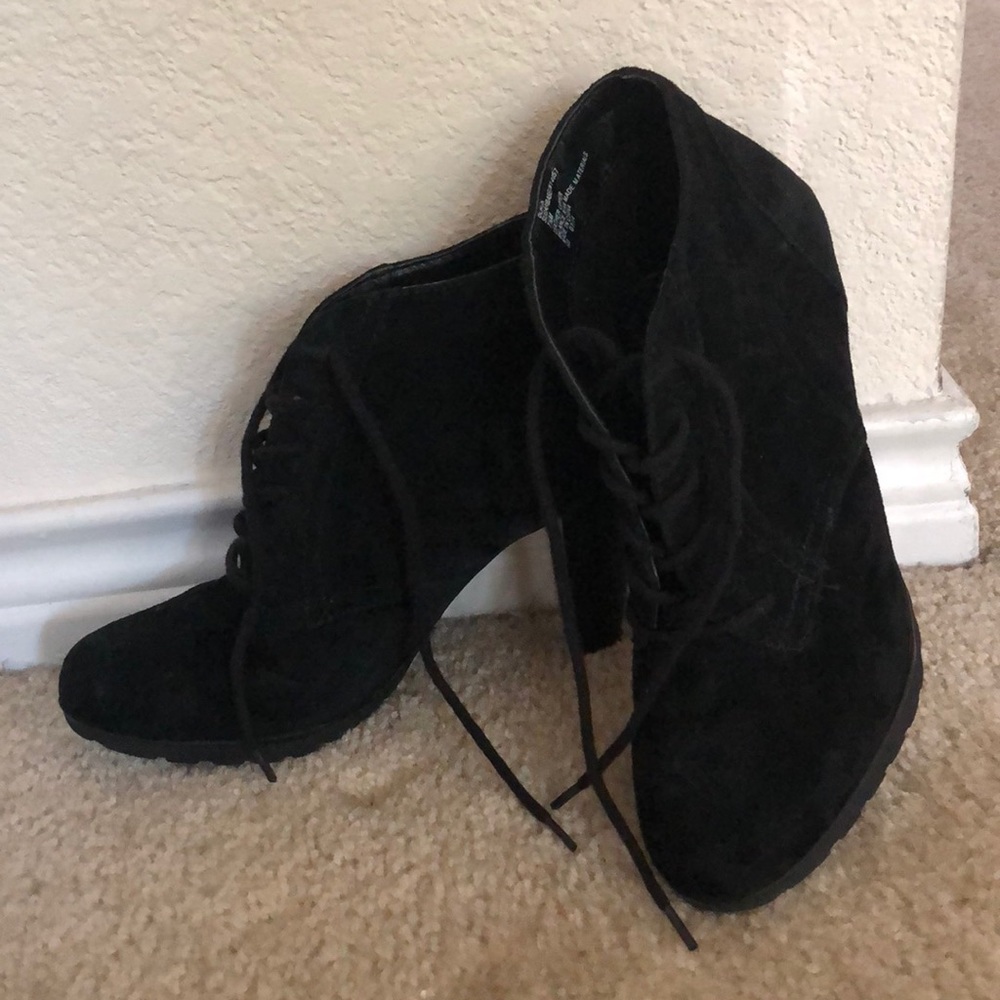 Black leather 3 1/2” high heel boots
